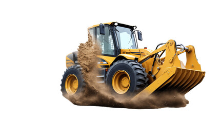 A vibrant yellow bulldozer forcefully digging dirt on a clean white background