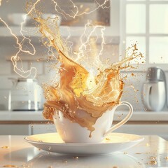 A sophisticated kitchen setup with a coffee cup splashing artistically amidst lightning effects