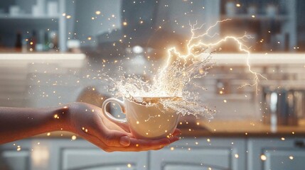 A hand holds a coffee cup with swirling light and splashes giving a magical, energetic morning feeling