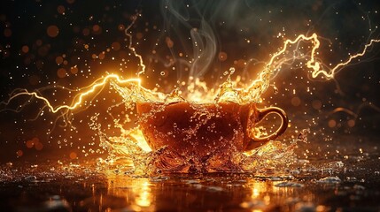 An electrifying image of a coffee cup mid-splash, surrounded by golden droplets and sparkles against a dark background