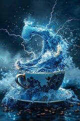 A majestic blue wave resembling a stormy sea emerging from a vintage cup with lightning striking in the background