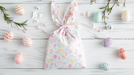 Happy Easter decoration concept holiday greeting card - Fabric gift bag with easter bunny ears and easter eggs on white wooden wood table