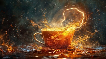 An electrifying coffee cup scene with dramatic splashing and lightning bolt impacts conveying power