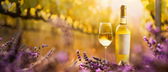 A bottle of white wine and a glass are on a table with purple lavandula flowers in the background