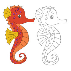 Seahorse Clipart Set for Lovers of Sea Animals and Aquatic Life. Colorful and Outline Seahorses