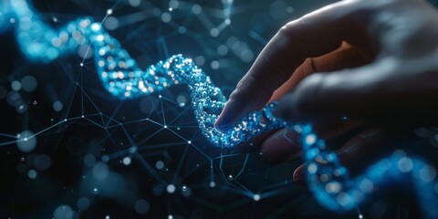DNA strands, healthcare, artificial intelligence. DNA double helix, digital AI elements interweaving, AI and gene research - obrazy, fototapety, plakaty