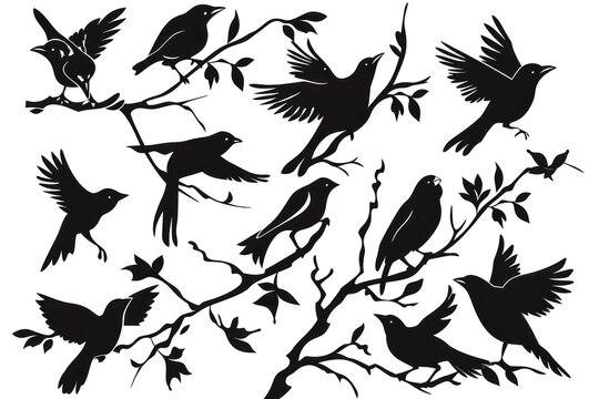 black birds silhouette on white background