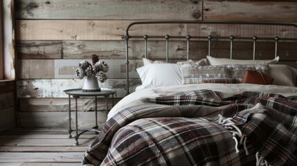 Minimalist Rustic Bedroom Decor with Plaid Throw Blanket Stock Photo
