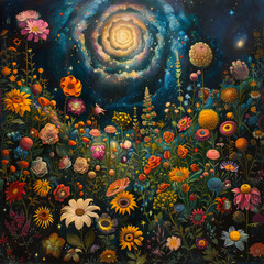 Fototapeta na wymiar A cosmic garden where flowers bloom in patterns of the galaxies tended by beings made of starlight.