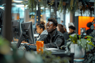 Black male in casual clothes working in office and typing on computer. AI generative
