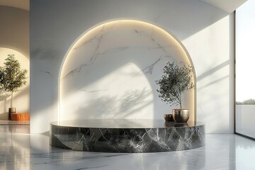 Luxurious Circular Podium in Glossy Black Marble, Illuminated by Ambient Soft Lighting, Set Against a Sleek, Minimalist White Space,