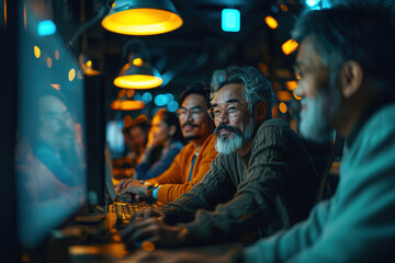 Group of elderly individuals are working on computer. AI generative