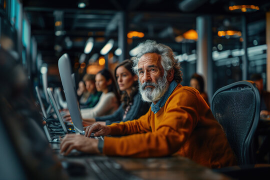 Group of elderly individuals are working on computer. AI generative