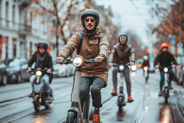Group of friends riding electric scooters through the city. AI generative