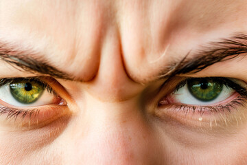 Fototapeta premium Close-up of the eyes and eyebrows of a frowning man with green irises and dark eyebrows
