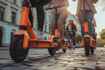 Group of friends riding electric scooters through the city. AI generative