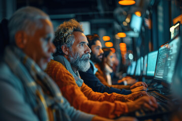 Group of elderly individuals are working on computer. AI generative