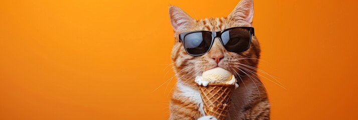 Closeup of cat with sunglasses, eating ice cream in cone, isolated on orange background. - obrazy, fototapety, plakaty