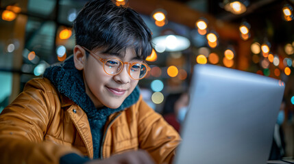 A teenage boy with glasses is completely immersed in using his laptop, with a background of warm light and bokeh, Adolescence and social networks.