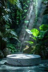Serene Botanical Garden Setting Featuring a Circular Podium with White Marble Texture, Delicate Ferns Around Base, Soft-Focus Background.