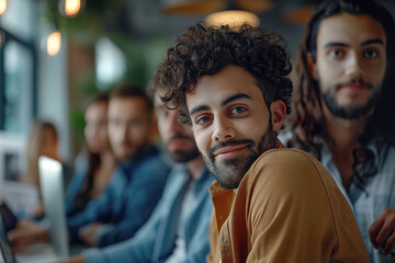 man and group of people from different cultures working together in office. AI generative