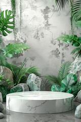 Contemporary Elegance A Front-View Focus on a White Podium Stage Rack Amidst a Lush Green Stone and Tropical Leaves Background.