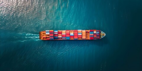 Global Trade Represented by an Aerial Cargo Ship Transporting Containers for Import/Export. Concept Global Trade, Aerial Cargo Ship, Container Transport, Import/Export Industry, Shipping Logistics - obrazy, fototapety, plakaty