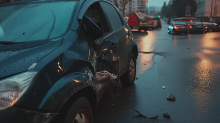 Fototapeta premium Car after an accident. Severe damage and torn metal