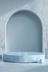 Minimalist Pastel Blue Circular Podium in a Light Gray Accented Space A High-Resolution, Stylish 3D Render with Soft Diffuse Studio Lighting.