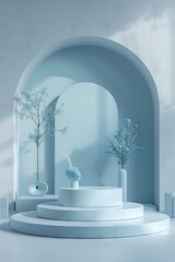 Minimalist Pastel Blue Circular Podium in a Light Gray Accented Space A High-Resolution, Stylish 3D...