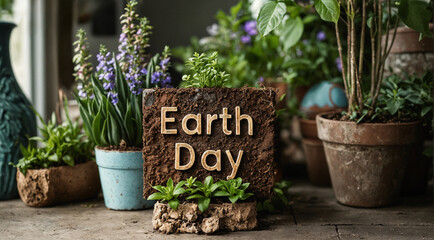 Earth Day and gardening in April concept. A piece of ground with words and spring flowers potted behind the sign