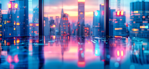 Vibrant city nightscape, modern skyscrapers illuminated by neon lights, reflecting in the water - obrazy, fototapety, plakaty