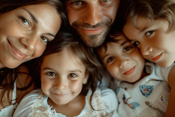 A heartwarming close-up of a family, showing parents and their children smiling together.