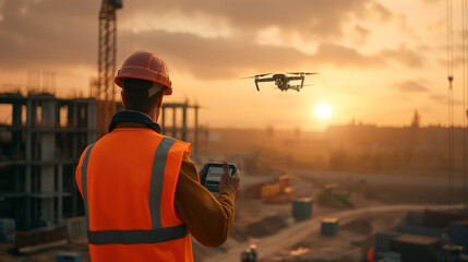An engineer is flying a drone over the construction site.