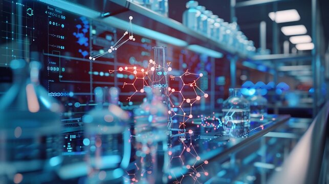 Integrating artificial intelligence in drug discovery, molecular models on digital screens, lab environment,high detailed