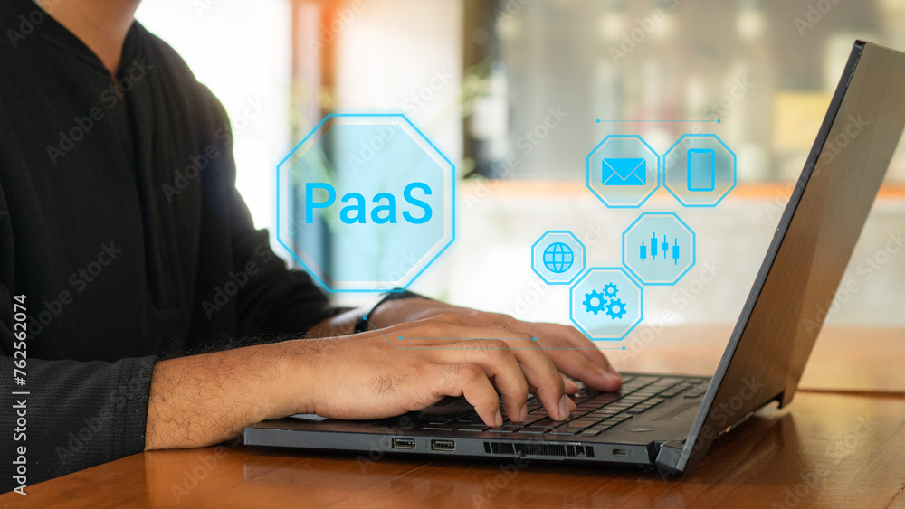 Poster paas, platform as a service concept. cloud computing service on software platform. businessman holdi