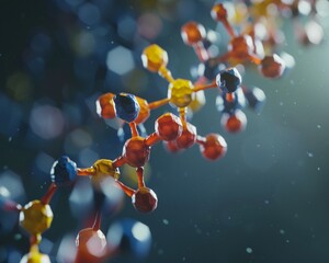 Molecular dynamics in pharmaceutical studies, close-up on interactive molecular simulation, copy space,photographic style