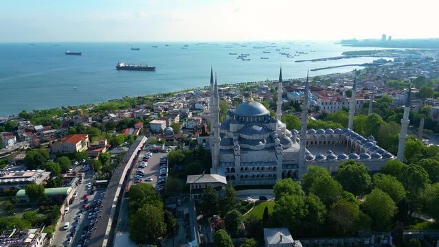 Blue Mosque, Hagia Sophia, Topkapi Palace with Golden Horn aerial view from Bosporus Strait in Sultanahmet district in historic city of Istanbul, Turkey. Historic of Istanbul is a World Heritage Site.