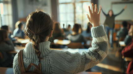 A student's raised hand seeking to ask a question in a classroom.