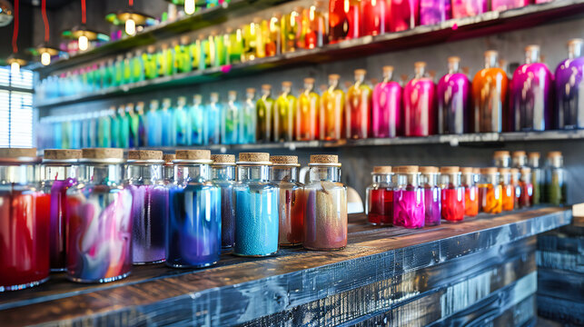 Vibrant Bottles on a Shelf: Colorful Glass Containers in a Market, Showcasing a Spectrum of Red, Blue, and Yellow