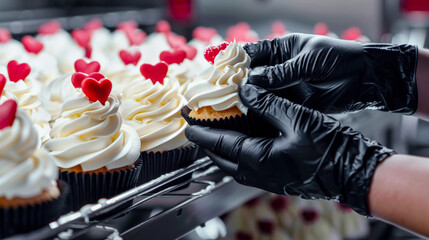 Professional pastry chef hands with black latex gloves decorating cupcakes with cream and red hearts.  Mastery and professionalism in culinary arts. Confectioner studio, culinary and bakery. Close-up - obrazy, fototapety, plakaty
