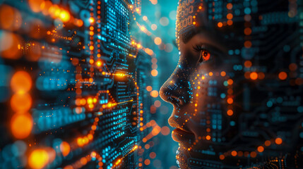 Abstract concept of digital beautiful human face on background of  printed circuit board. Fusion of man and modern artificial intelligence technologies. In blue tones, LED backlight, binary code.