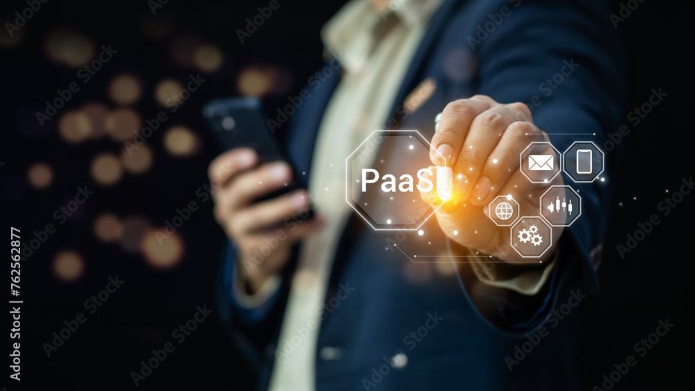 Poster paas, platform as a service concept. cloud computing service on software platform. businessman holdi