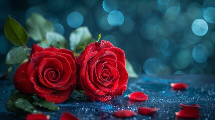 Elegant Red Roses with Petals and Dew on Moody Blue Bokeh Background