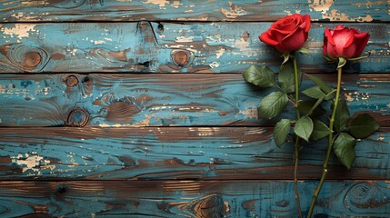 Vivid Red Roses Lying on a Rustic Peeling Turquoise Wooden Surface