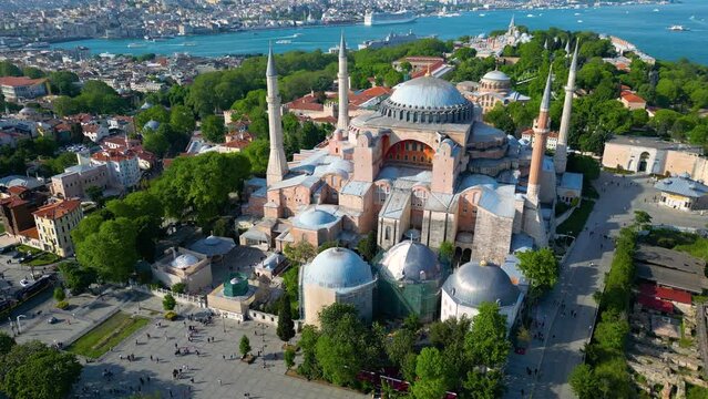 Hagia Sophia aerial view in Sultanahmet in historic city of Istanbul, Turkey. Historic Areas of Istanbul is a UNESCO World Heritage Site since 1985. 