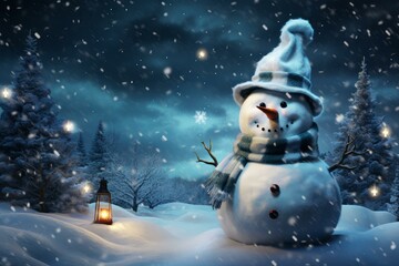 Serene Snowman winter night. Fun holiday. Generate Ai