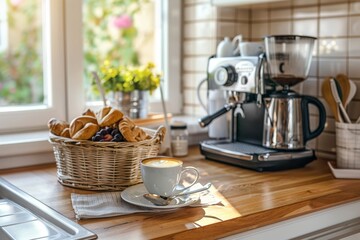 Italian coffee for breakfast on kitchen bench with coffee maker and basket with pastries in kitchen. Front view. Horizontal composition.