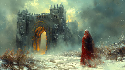 Kobieta w czerwonej pelerynie przed bramą do średniowiecznego miasta, styl abstrakcyjny - obrazy, fototapety, plakaty