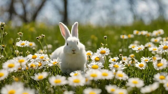 4K Looped Playful Easter Bunny Frolics in Field of Sunshine Yellow Daisies on a Breezy Spring Day